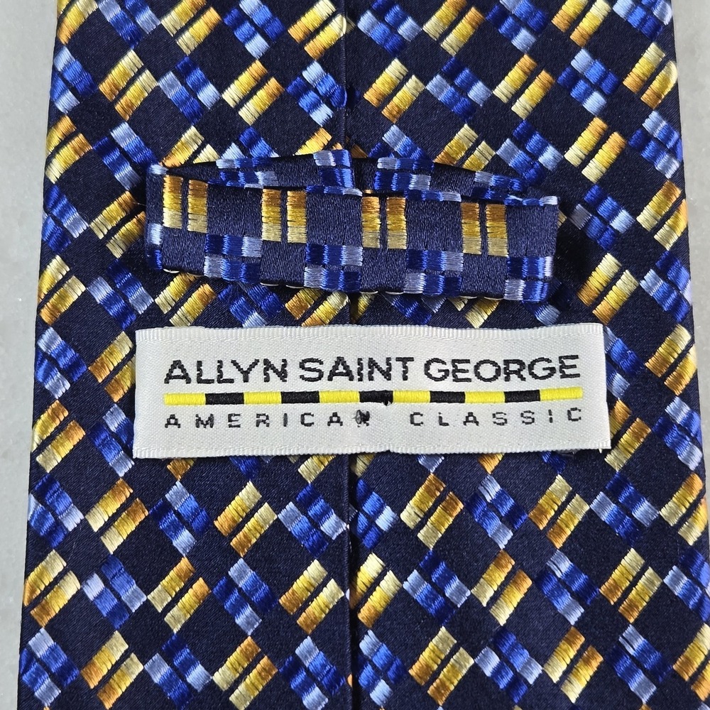 Allyn St. George Silk Tie Blue Gold Yellow Geometric Square Pattern Professional - Picture 3 of 7